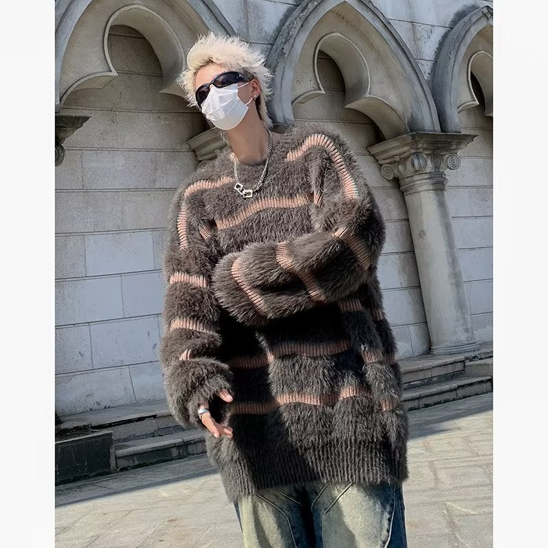 Niche Design Sense Contrast Color Striped Imitation Mink Fleece Crewneck Sweater Men'S Lazy Fashion Brand Ins Loose Trendy Sweater - Image 2